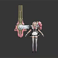 3D Game Character in Maid Outfit with Blonde Hair Pink Accents and Large Mechanical Weapon
