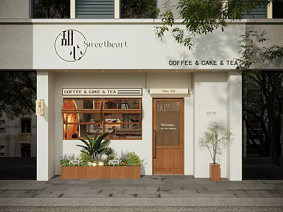 Sweetheart Coffee Shop Storefront with Glass Windows Wooden Door and Green Plants 3d model