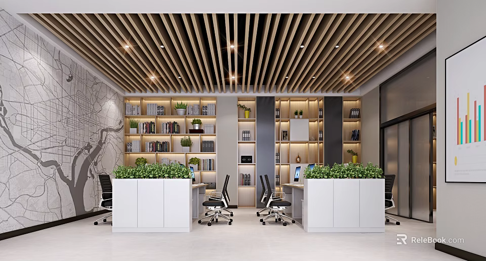 Modern Public Office Area Interior With Desks Office Chairs Bookshelves And Green Plants 3d model 