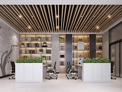 Modern Public Office Area Interior With Desks Office Chairs Bookshelves And Green Plants 3d model