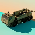 Military Utility Vehicle In Khaki With Crane Arm And Yellow Warning Lights