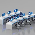 Modern Office Workspace With Multiple White Desks Computers Office Chairs And Blue Lighting 3d model