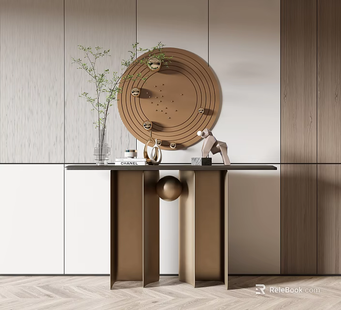Modern Console Table With Round Mirror Decorative Objects And Potted Plant 3d model