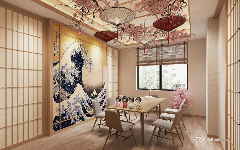 Traditional Japanese Dining Interior Featuring Cherry Blossom Decor Great Wave Mural Shoji Doors And Wooden Furniture 3d model 