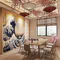 Traditional Japanese Dining Interior Featuring Cherry Blossom Decor Great Wave Mural Shoji Doors And Wooden Furniture
