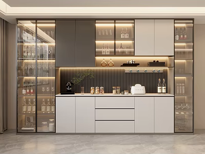 Modern Wine Cabinet With Glass Doors Wine Bottles And Glasses Lighting Design Adjacent Storage Cabinets 3d model
