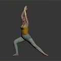 Woman Practicing Yoga Lunge Pose in Yellow Top and Light Green Leggings Hands Raised Overhead