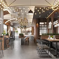 Modern Restaurant Interior Design With Wooden Decor Hanging Lights Green Plant And Dining Tables