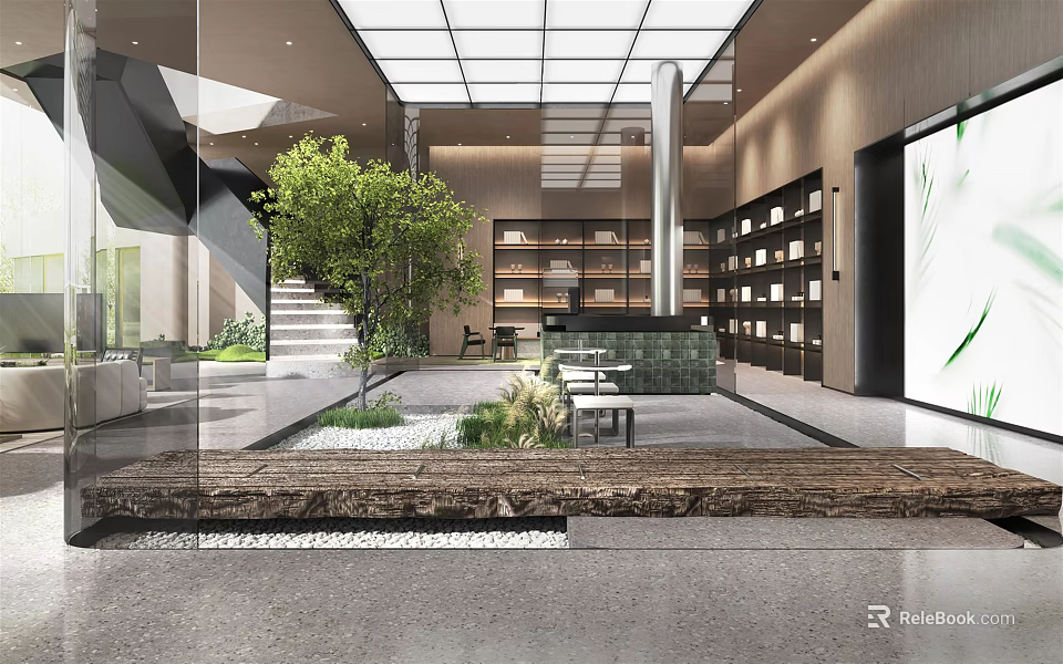 Modern Relaxation Area Interior With Green Plants Bookshelves And Comfortable Seating 3d model 