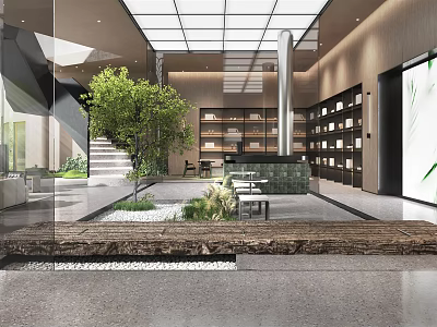 Modern Relaxation Area Interior With Green Plants Bookshelves And Comfortable Seating 3d model