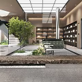 Modern Relaxation Area Interior With Green Plants Bookshelves And Comfortable Seating