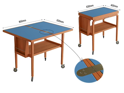 Wooden Side Table With Blue Tabletop Lower Shelf And Rolling Wheels 3d model