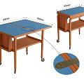 Wooden Side Table With Blue Tabletop Lower Shelf And Rolling Wheels