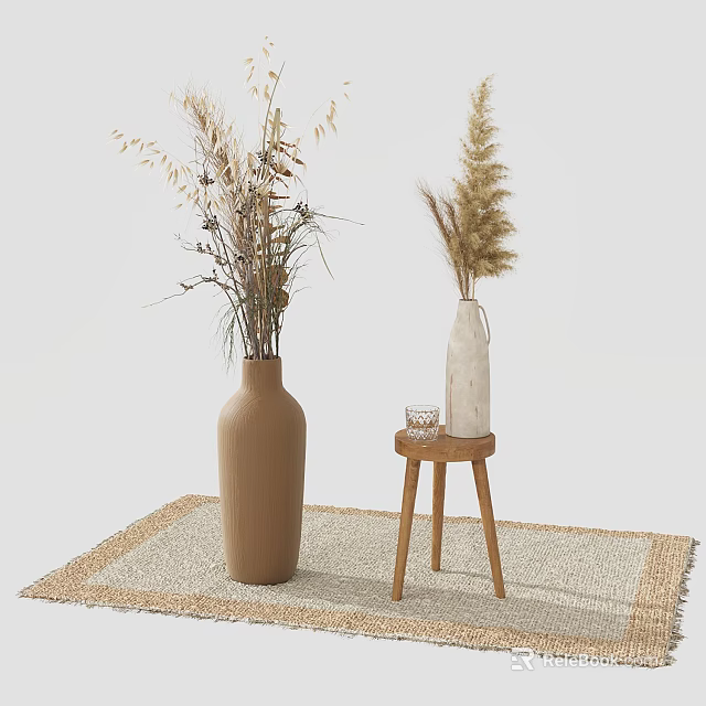 Decorative Ornament Set With Brown White Vases Dried Flowers Wooden Stool And Woven Rug 3d model 