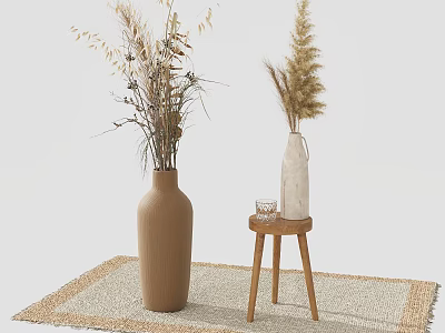 Decorative Ornament Set With Brown White Vases Dried Flowers Wooden Stool And Woven Rug 3d model