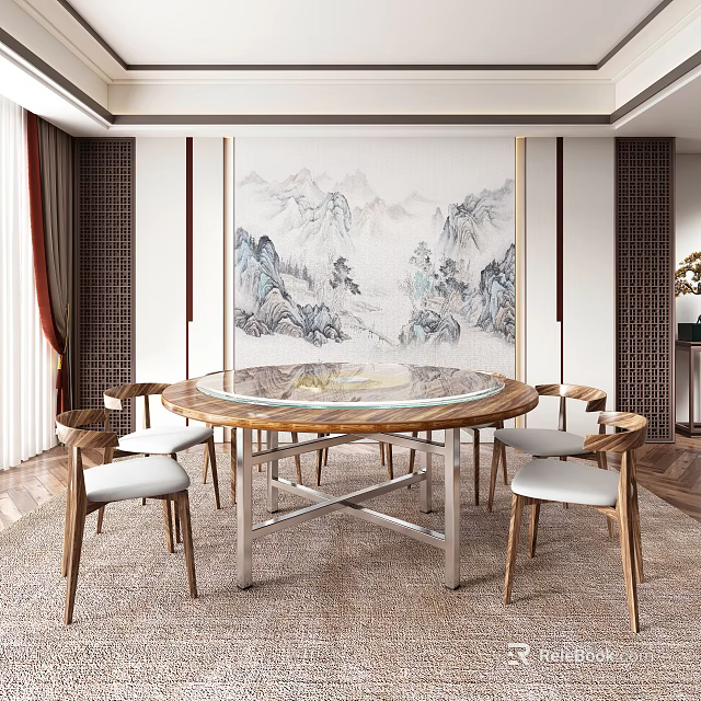 Modern Chinese Restaurant Interior With Round Marble Dining Table Wooden Chairs And Landscape Painting 3d model 