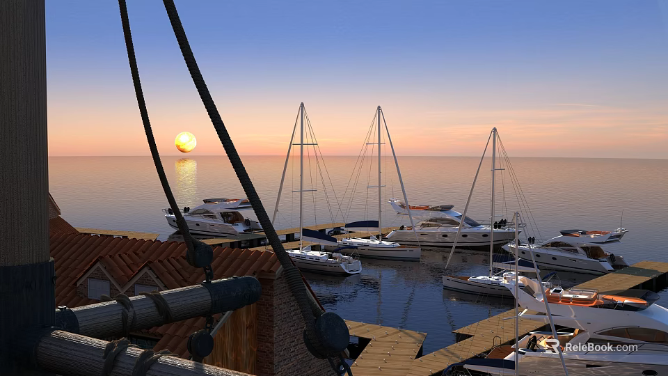 Scenic Sunset Over Calm Sea With Moored Sailboats At Wooden Dock And Orange Sky 3d model 