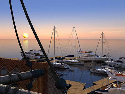 Scenic Sunset Over Calm Sea With Moored Sailboats At Wooden Dock And Orange Sky 3d model