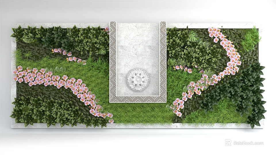 Green Plant Wall With Central Decorative Panel Circular Ornament And Pink Flowers Lush Greenery 3d model 