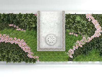 Green Plant Wall With Central Decorative Panel Circular Ornament And Pink Flowers Lush Greenery 3d model