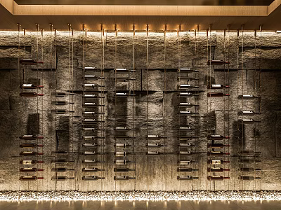 Elegant Wine Cellar With Stone Wall And Hanging Wine Bottles Illuminated By Warm Lighting 3d model