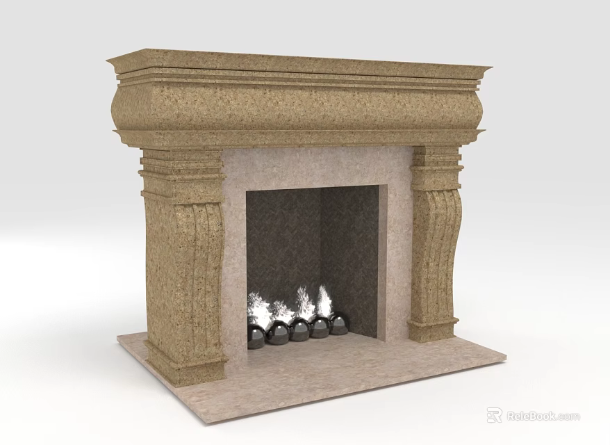 Ornate Stone Fireplace Mantel With Classic Design And Flames Inside Logs 3d model 