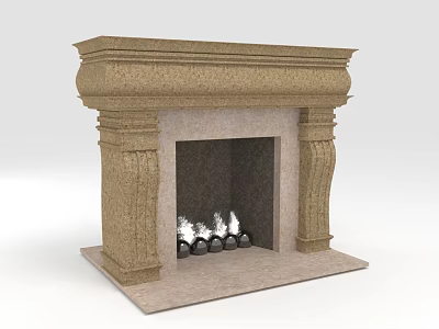 Ornate Stone Fireplace Mantel With Classic Design And Flames Inside Logs 3d model