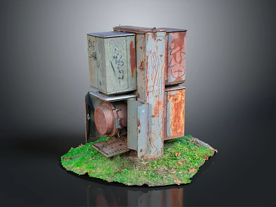Modern Stacked Rusted Metal Structure With Grass Base And Fallen Leaves 3d model