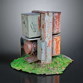 Modern Stacked Rusted Metal Structure With Grass Base And Fallen Leaves