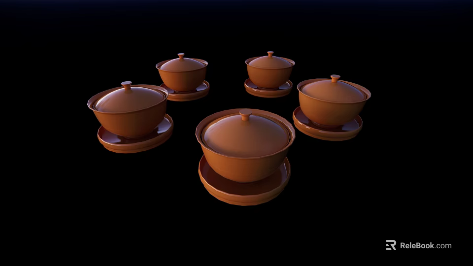 Five Brown Ceramic Cups With Lids Each On Small Saucers Black Background 3d model