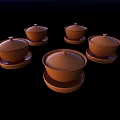 Five Brown Ceramic Cups With Lids Each On Small Saucers Black Background 3d model