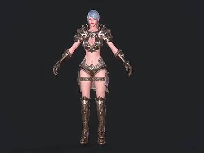 Game Movie Female Character With Blue Hair And Metallic Warrior Armor 3d model