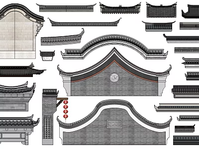 Traditional Chinese Architectural Components Including Roof Tiles Eaves And Arched Ridge Structures 3d model
