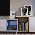 Modern TV Stand with Yellow Blue Storage Compartments Drawers and Gold Wall Mirrors