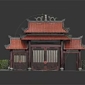 Traditional Chinese Architecture With Red Multi Layered Roof Red Pillars Green Shrubs And Gray Pavement