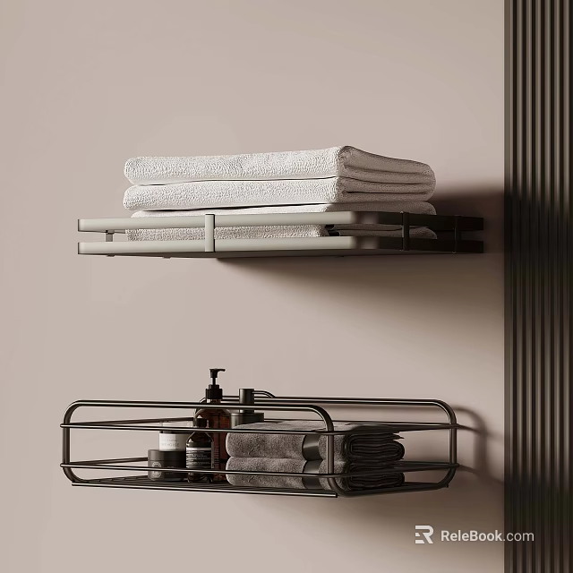 Modern Bathroom Shelves With Stacked White Towels And Toiletries On Metal Racks 3d model 