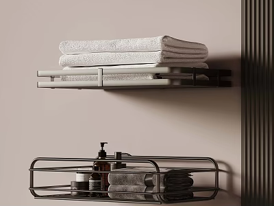 Modern Bathroom Shelves With Stacked White Towels And Toiletries On Metal Racks 3d model