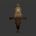 Ornate Gold Decorative Electronic Clock On Wooden Carved Base With Stained Glass