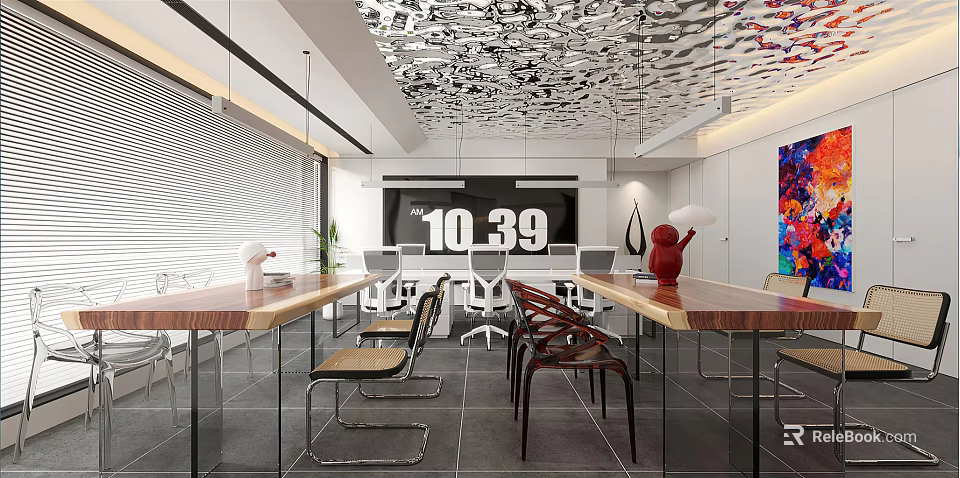 Modern Open Public Office Space With Long Tables Chairs Artistic Ceiling Clock And Plants 3d model 