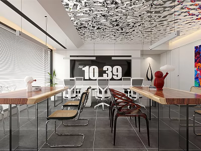 Modern Open Public Office Space With Long Tables Chairs Artistic Ceiling Clock And Plants 3d model