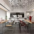 Modern Open Public Office Space With Long Tables Chairs Artistic Ceiling Clock And Plants