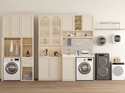 Modern White Storage Cabinet Rack with Washing Machine Dryer and Organized Storage Space 3d model