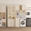 Modern White Storage Cabinet Rack with Washing Machine Dryer and Organized Storage Space