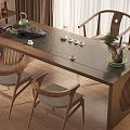 Minimalist Wooden Tea Table and Chairs with Tea Set and Potted Plant