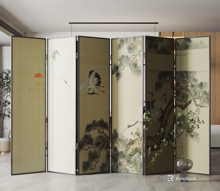 Traditional Chinese Folding Screen With Crane Pine Tree Sun Pattern For Interior Decoration 3d model