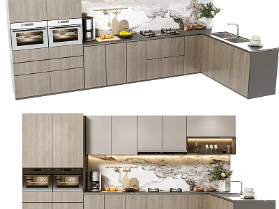 Modern Kitchen Interior With Light Gray Cabinets Marble Backsplash And Appliances 3d model