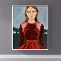 Female Portrait Painting with Red Curly Hair Bold Makeup and Black Lace Top