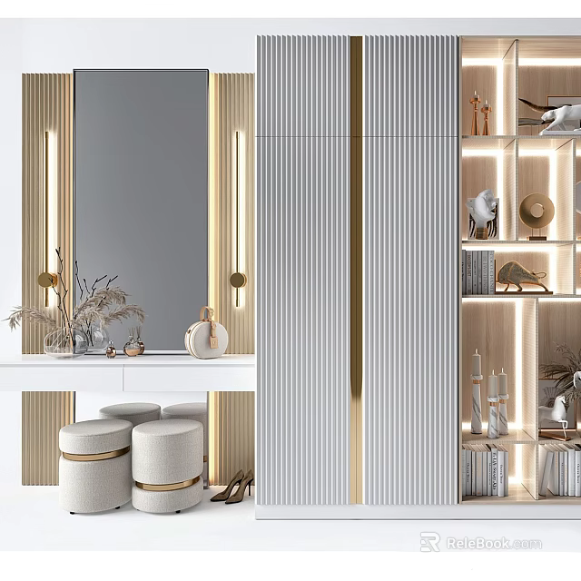 Elegant Modern Wardrobe Design With Gold Accents LED Strip Lights And Glass Display Shelves 3d model 