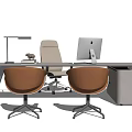 Modern Office Desk With Computer Monitor Desk Lamp Brown And Gray Chairs And Cabinet