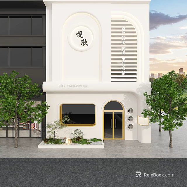 Modern White Storefront With Arched Elements Golden Doors Black Framed Window And Green Plants 3d model 